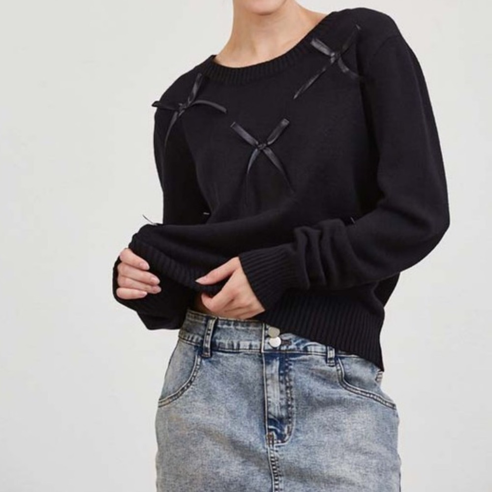 ShopEvelynne Black Sweater with Ribbon Accents